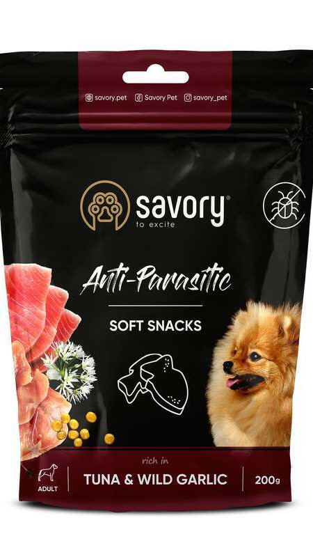 Ласощі м'які Savory з антипразитарним ефектом для собак, тунець та дикий часник 200г