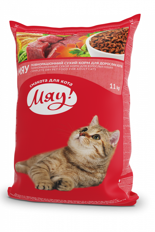  МЯУ повнораціонний сухий корм для дорослих котів з куркою 11 кг.